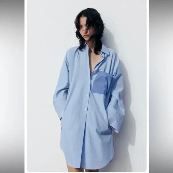 ZARA MULTIWAY PATCHWORK SHIRT DRESS BLUE/WHITE SIZE SMALL MINI STRIPE CLASSIC - Picture 2 of 16